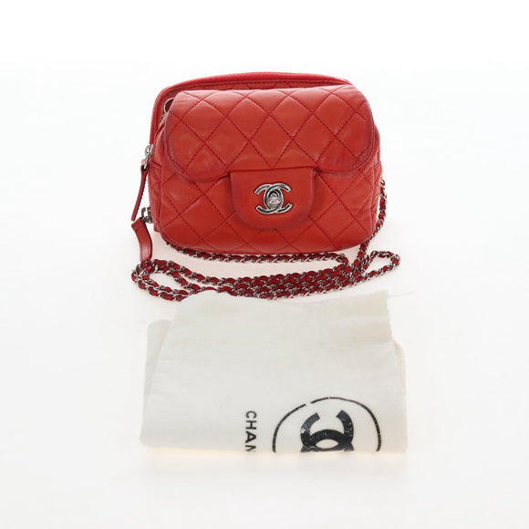 CHANEL Matelasse Chain Shoulder Wallet Lamb Skin Orange Silver CC Auth 207243V