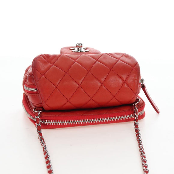 CHANEL Matelasse Chain Shoulder Wallet Lamb Skin Orange Silver CC Auth 207243V