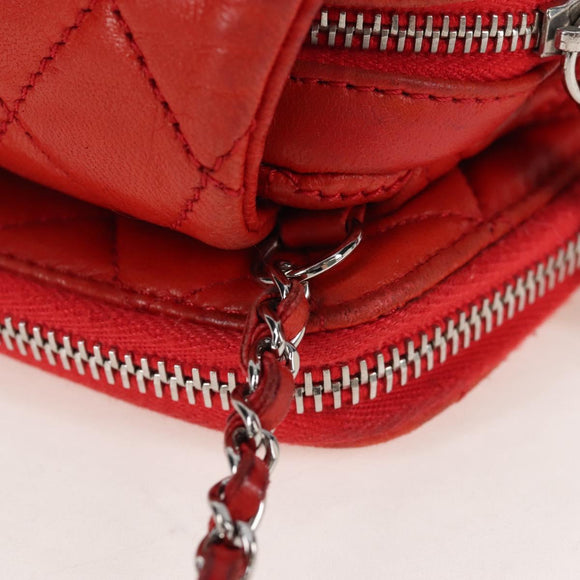 CHANEL Matelasse Chain Shoulder Wallet Lamb Skin Orange Silver CC Auth 207243V