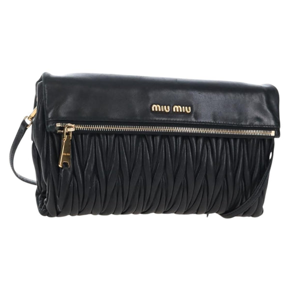 Miu Miu Matelasse Shoulder Bag Leather Black Gold Tone Auth 207246V