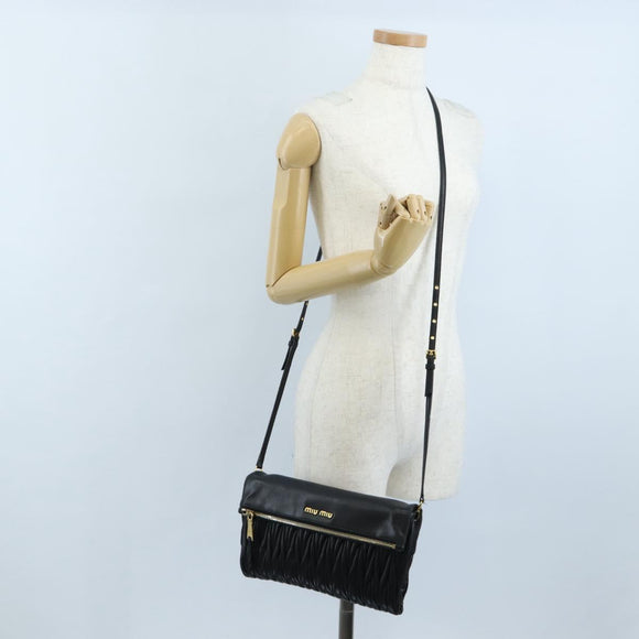Miu Miu Matelasse Shoulder Bag Leather Black Gold Tone Auth 207246V