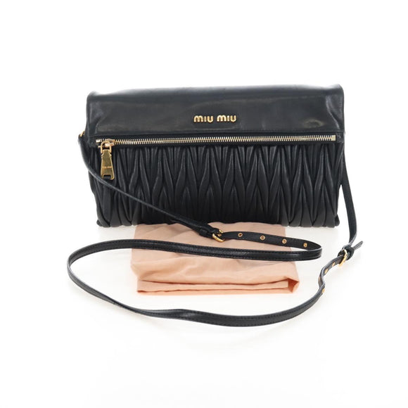 Miu Miu Matelasse Shoulder Bag Leather Black Gold Tone Auth 207246V