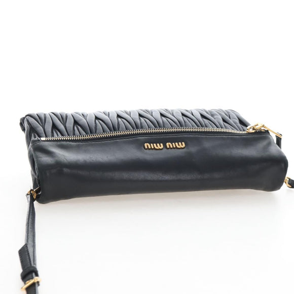 Miu Miu Matelasse Shoulder Bag Leather Black Gold Tone Auth 207246V