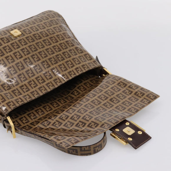 FENDI Zucchino Mamma Baguette Shoulder Bag Patent Beige Gold Tone Auth 207250V