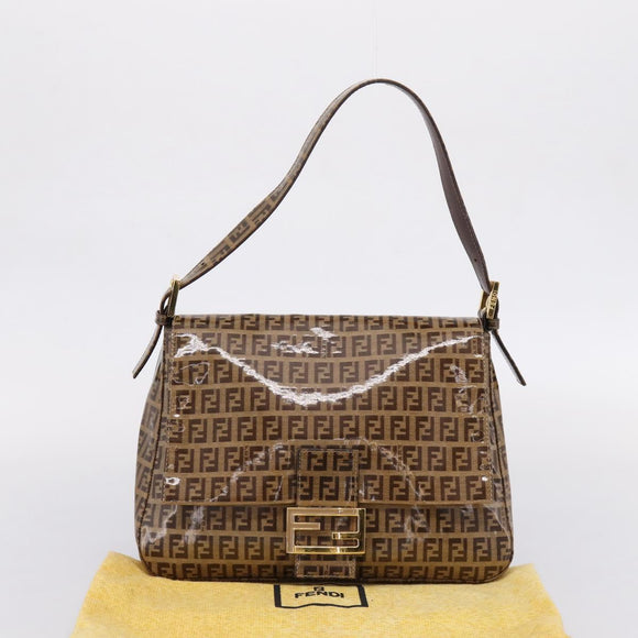 FENDI Zucchino Mamma Baguette Shoulder Bag Patent Beige Gold Tone Auth 207250V