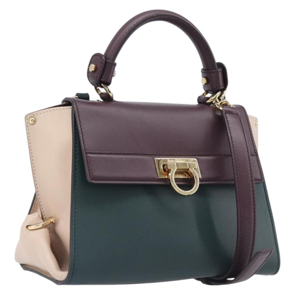 Salvatore Ferragamo Gancini Hand Bag Leather 2way Green Gold Tone Auth 207254A