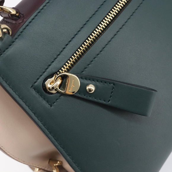 Salvatore Ferragamo Gancini Hand Bag Leather 2way Green Gold Tone Auth 207254A