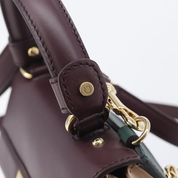 Salvatore Ferragamo Gancini Hand Bag Leather 2way Green Gold Tone Auth 207254A