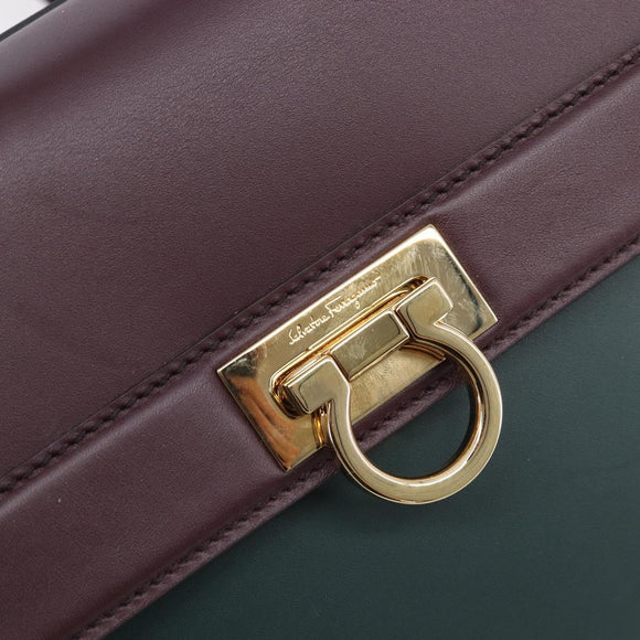 Salvatore Ferragamo Gancini Hand Bag Leather 2way Green Gold Tone Auth 207254A
