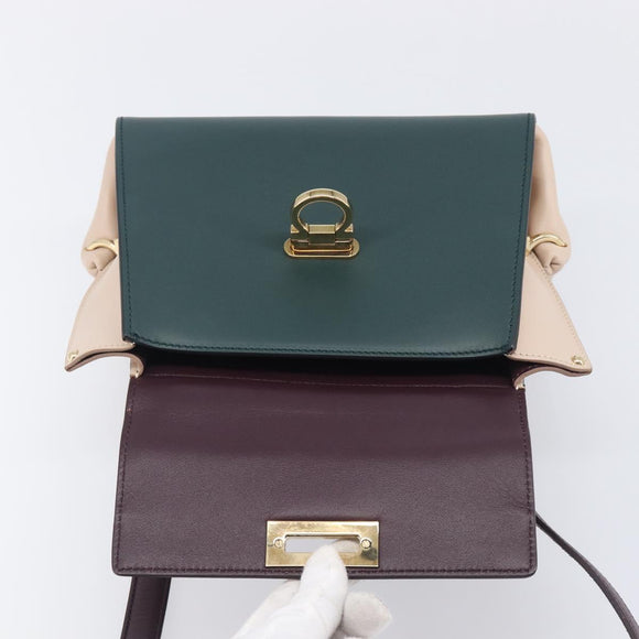 Salvatore Ferragamo Gancini Hand Bag Leather 2way Green Gold Tone Auth 207254A