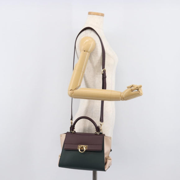 Salvatore Ferragamo Gancini Hand Bag Leather 2way Green Gold Tone Auth 207254A
