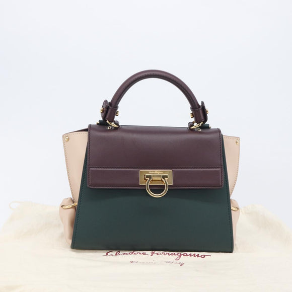 Salvatore Ferragamo Gancini Hand Bag Leather 2way Green Gold Tone Auth 207254A