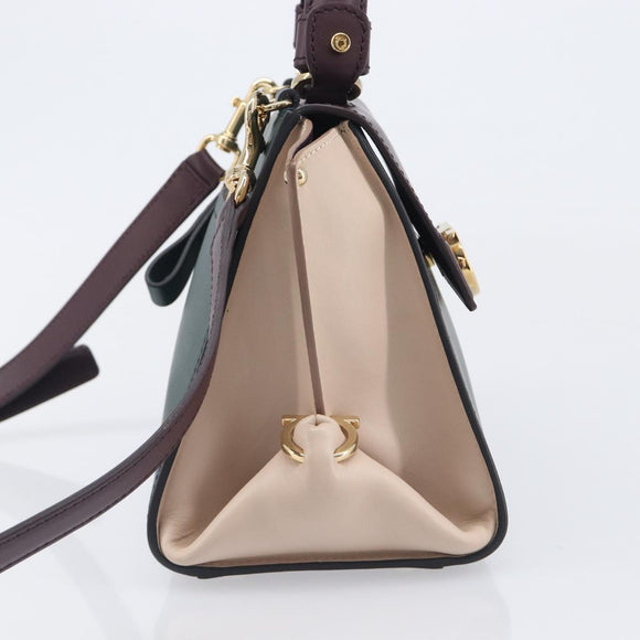 Salvatore Ferragamo Gancini Hand Bag Leather 2way Green Gold Tone Auth 207254A
