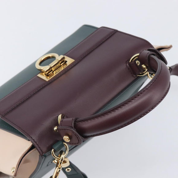 Salvatore Ferragamo Gancini Hand Bag Leather 2way Green Gold Tone Auth 207254A