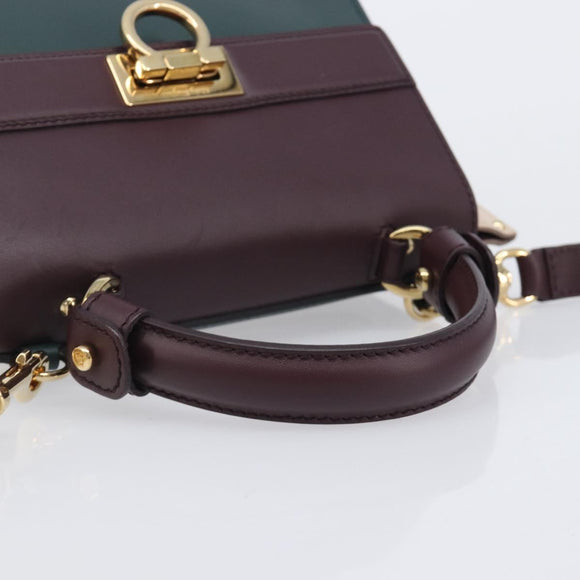 Salvatore Ferragamo Gancini Hand Bag Leather 2way Green Gold Tone Auth 207254A