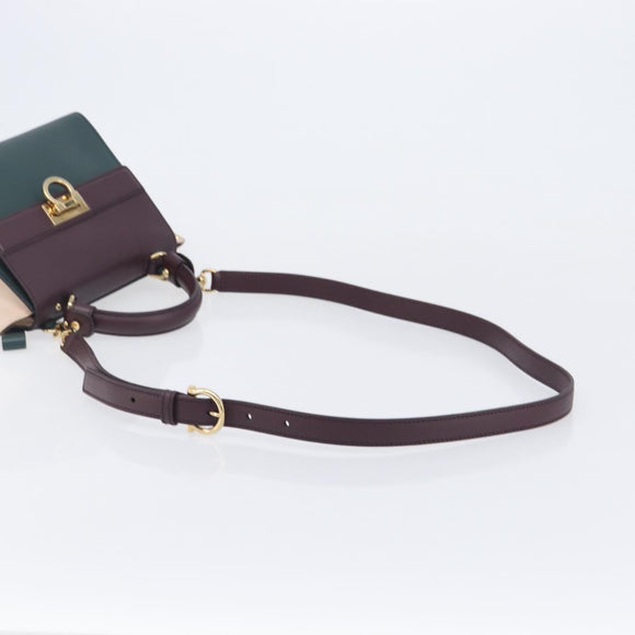 Salvatore Ferragamo Gancini Hand Bag Leather 2way Green Gold Tone Auth 207254A