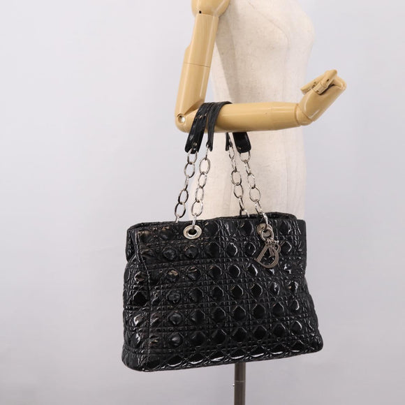 Christian Dior Lady Dior Canage Tote Bag Patent Black Silver Auth 207261
