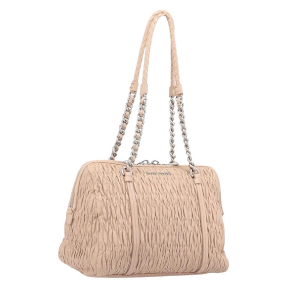 Miu Miu Gathered Chain Shoulder Bag Leather Beige Silver Auth 207262V