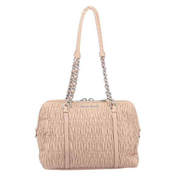 Miu Miu Gathered Chain Shoulder Bag Leather Beige Silver Auth 207262V