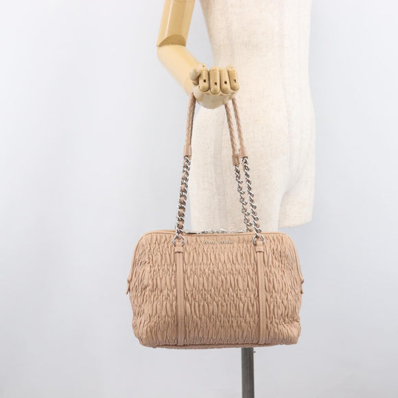 Miu Miu Gathered Chain Shoulder Bag Leather Beige Silver Auth 207262V