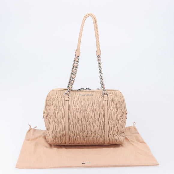 Miu Miu Gathered Chain Shoulder Bag Leather Beige Silver Auth 207262V