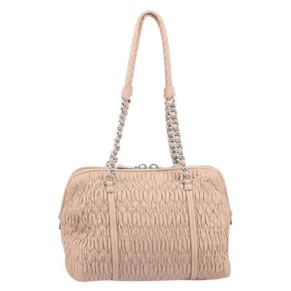 Miu Miu Gathered Chain Shoulder Bag Leather Beige Silver Auth 207262V