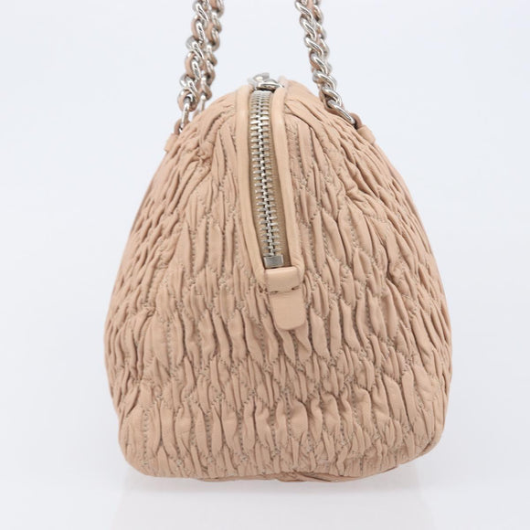 Miu Miu Gathered Chain Shoulder Bag Leather Beige Silver Auth 207262V