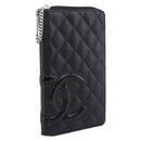 CHANEL Cambon Line Matelasse Long Wallet Leather Black Silver CC Auth 207270V-1