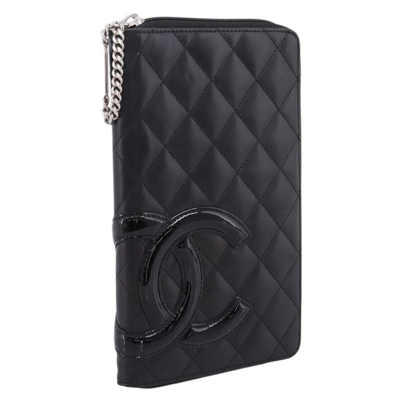 CHANEL Cambon Line Matelasse Long Wallet Leather Black Silver CC Auth 207270V