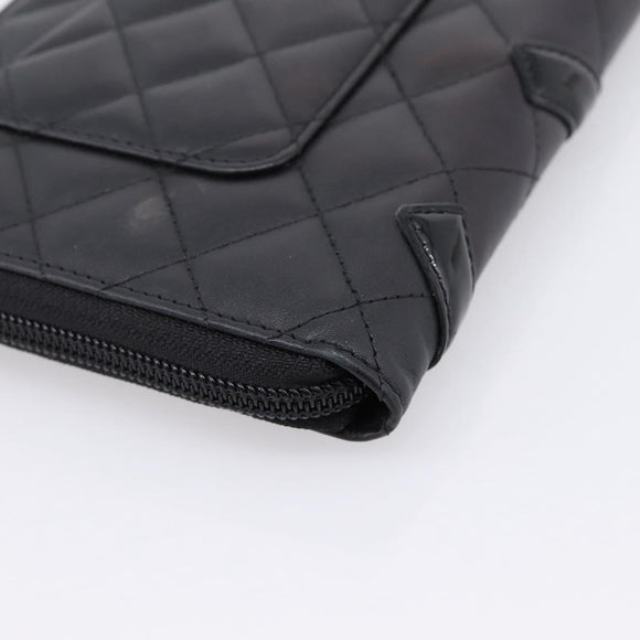 CHANEL Cambon Line Matelasse Long Wallet Leather Black Silver CC Auth 207270V