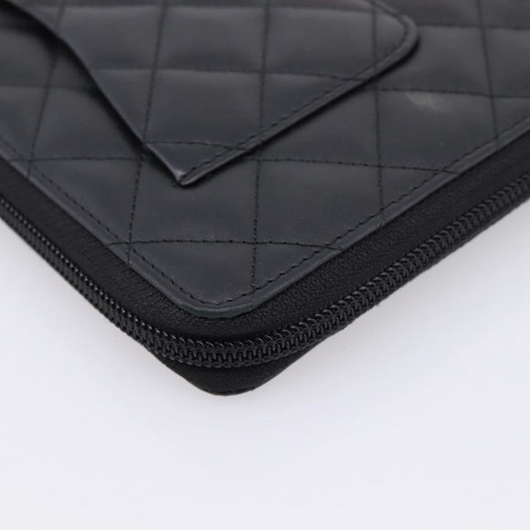 CHANEL Cambon Line Matelasse Long Wallet Leather Black Silver CC Auth 207270V