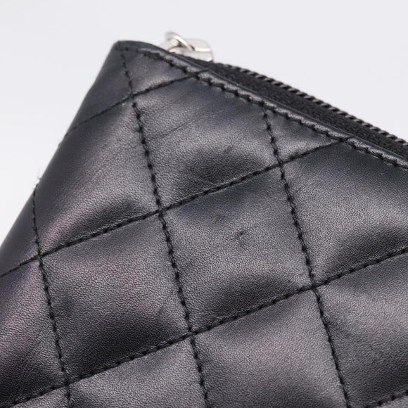 CHANEL Cambon Line Matelasse Long Wallet Leather Black Silver CC Auth 207270V