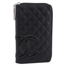 CHANEL Cambon Line Matelasse Long Wallet Leather Black Silver CC Auth 207270V-13