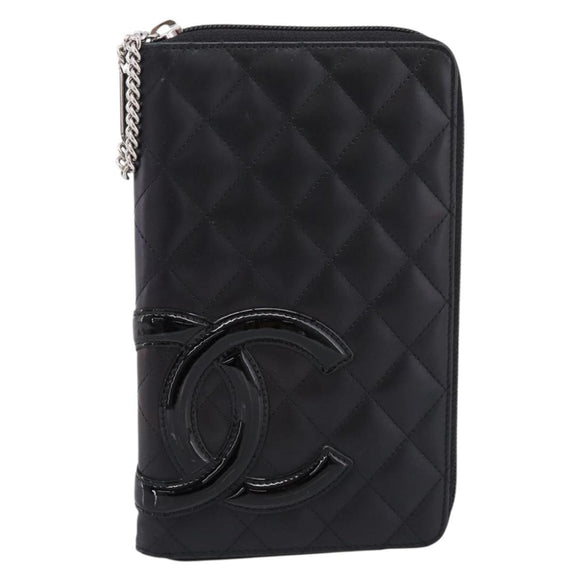 CHANEL Cambon Line Matelasse Long Wallet Leather Black Silver CC Auth 207270V
