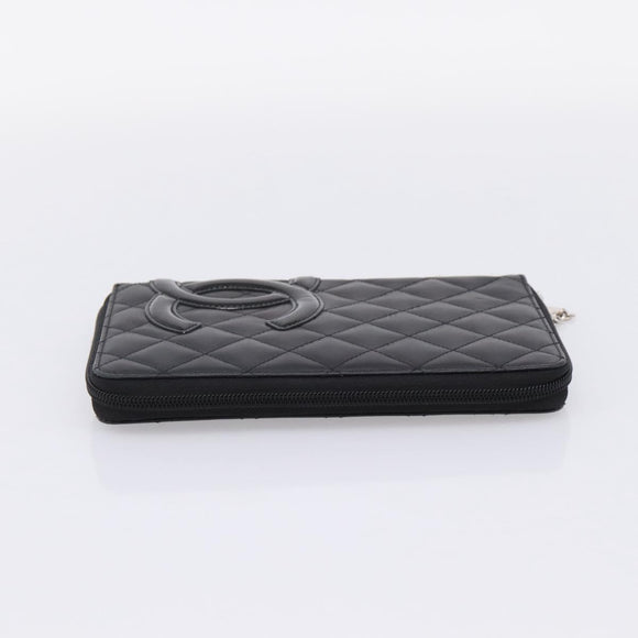 CHANEL Cambon Line Matelasse Long Wallet Leather Black Silver CC Auth 207270V