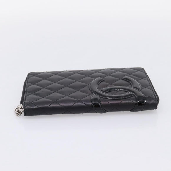 CHANEL Cambon Line Matelasse Long Wallet Leather Black Silver CC Auth 207270V