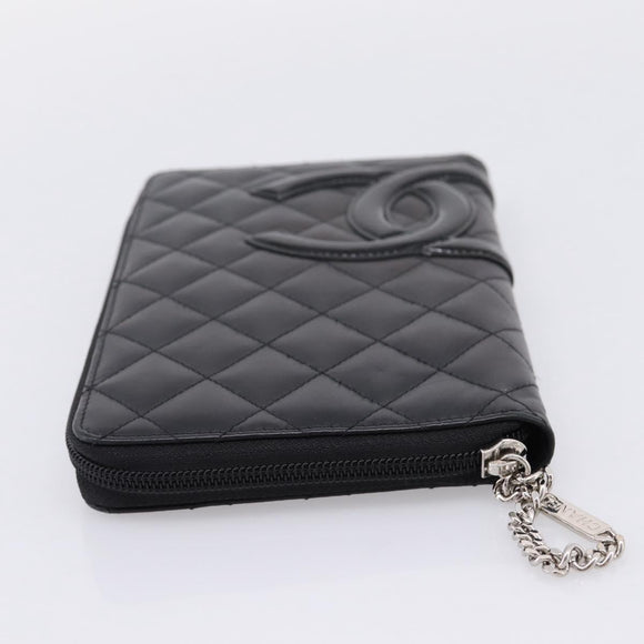 CHANEL Cambon Line Matelasse Long Wallet Leather Black Silver CC Auth 207270V