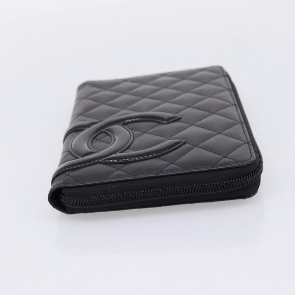 CHANEL Cambon Line Matelasse Long Wallet Leather Black Silver CC Auth 207270V