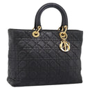 Christian Dior Lady Dior Canage Hand Bag Leather Black Gold Tone Auth 207288A-1