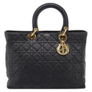 Christian Dior Lady Dior Canage Hand Bag Leather Black Gold Tone Auth 207288A-13