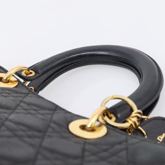 Christian Dior Lady Dior Canage Hand Bag Leather Black Gold Tone Auth 207288A