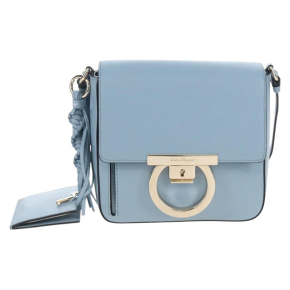 Salvatore Ferragamo Gancini Shoulder Bag Leather Light Blue Gold Auth 207289V