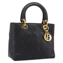 Christian Dior Lady Dior Canage Hand Bag Lamb Skin Black Gold Tone Auth 207293V-1