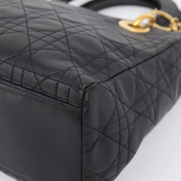 Christian Dior Lady Dior Canage Hand Bag Lamb Skin Black Gold Tone Auth 207293V