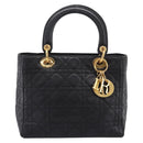 Christian Dior Lady Dior Canage Hand Bag Lamb Skin Black Gold Tone Auth 207293V-13