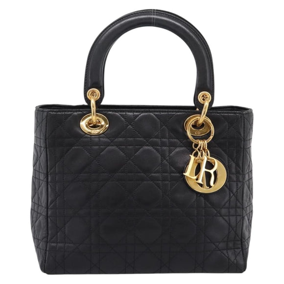 Christian Dior Lady Dior Canage Hand Bag Lamb Skin Black Gold Tone Auth 207293V