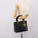 Christian Dior Lady Dior Canage Hand Bag Lamb Skin Black Gold Tone Auth 207293V-23