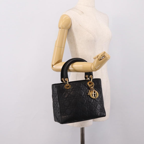 Christian Dior Lady Dior Canage Hand Bag Lamb Skin Black Gold Tone Auth 207293V