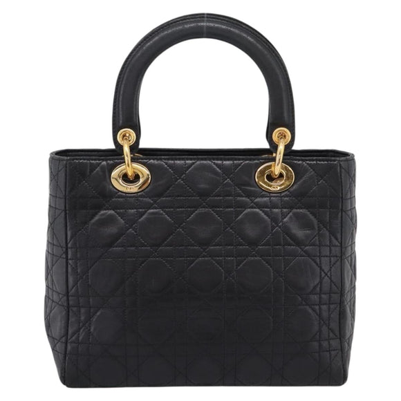 Christian Dior Lady Dior Canage Hand Bag Lamb Skin Black Gold Tone Auth 207293V
