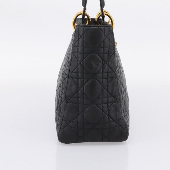 Christian Dior Lady Dior Canage Hand Bag Lamb Skin Black Gold Tone Auth 207293V